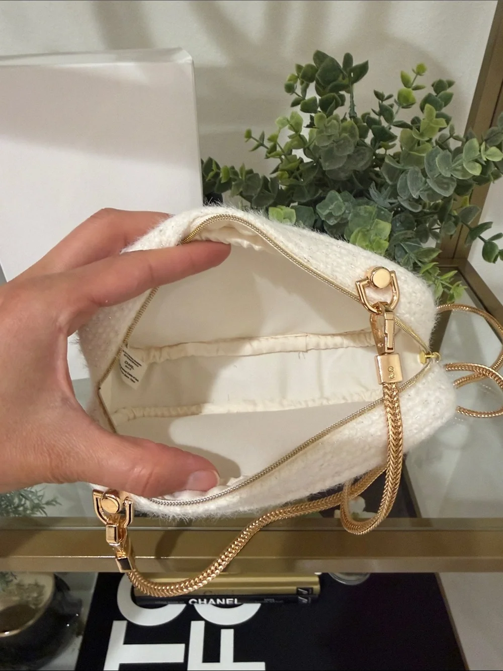 CHANEL Cream Bouclé Beaute Crossbody with Gold Chain